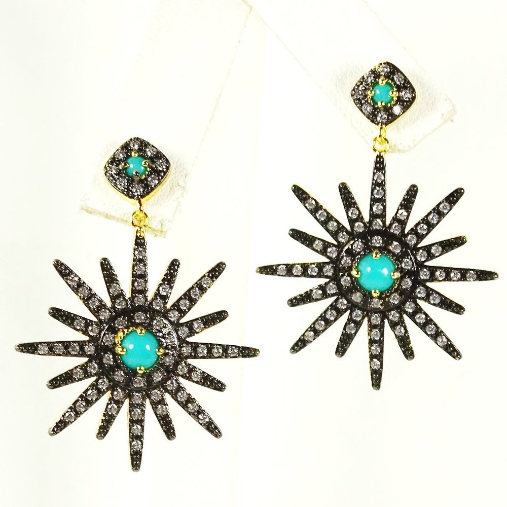 ADORNIA Starburst Gold Black Rhodium Plated Turquoise & CZ Dangle Earrings
